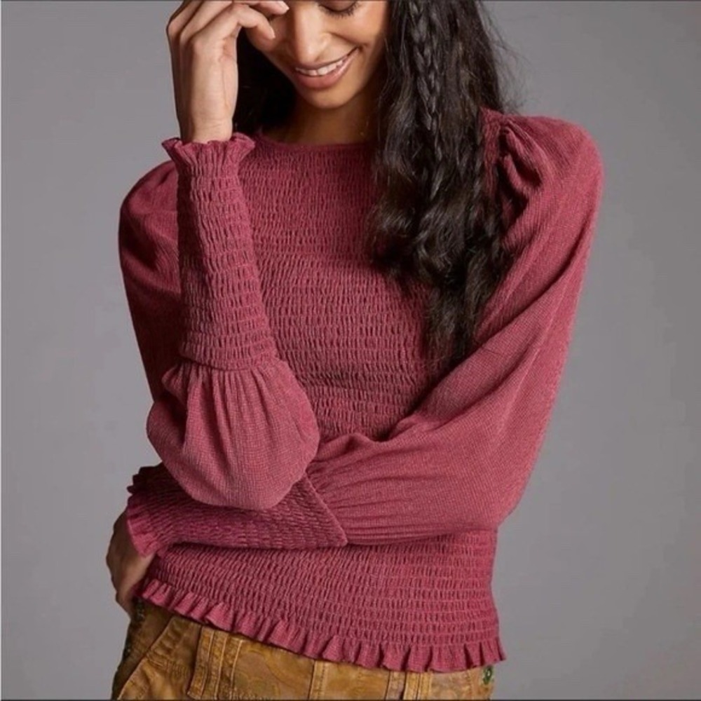 ANTHROPOLOGIE  Puff‎ Sleeved Smocked Blouse Top Women's Raspberry Small